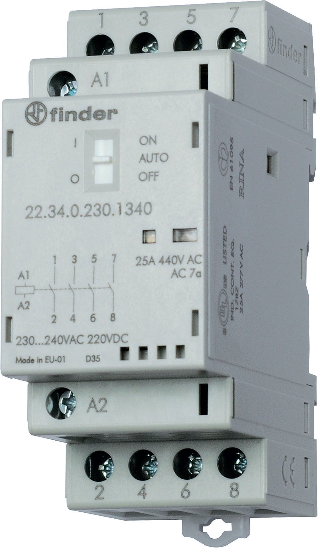 Finder Модульный контактор; 2NO+2NC 25А; контакты AgNi; катушка 120В АС ...