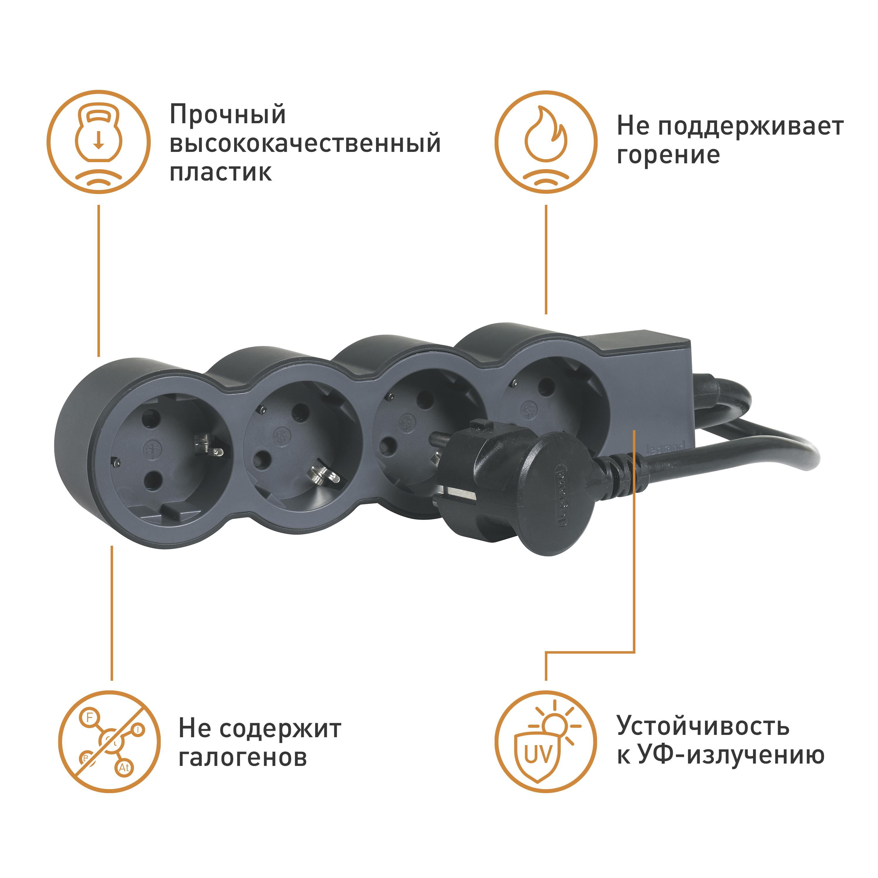 Legrand Revolution Стандарт Черный Удлинитель 4x2К+З, кабель 1,5м - e.way