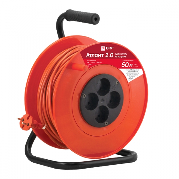 Изображение товара EKF PROxima Удлинитель на катушке "Атлант 2.0" 4 гнезда 50м без заземления ПВС 2*0,75 6А/1,3кВт.