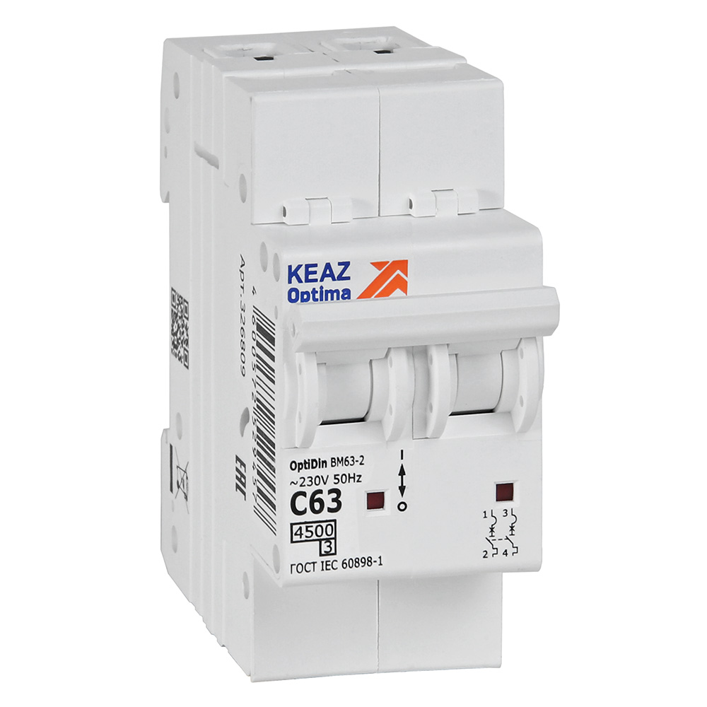 Изображение товара КЭАЗ OptiDin BM63 Автоматический выключатель 2P 63А C 4,5кА AC (BM63-2C63-4,5-УХЛ3).