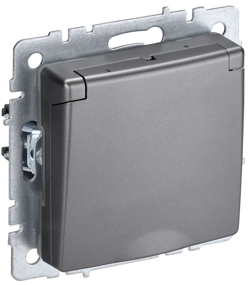 Изображение товара IEK BRITE BASE Сталь Розетка 1-м с/з с защ штор и крыш 16А IP44 РСбш10-3-44-БрС