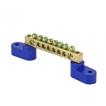 Изображение товара EKF PROxima Шина "0" N (6х9мм) 8 отверстий латунь 2 синих угловых изолятора розничный стикер.