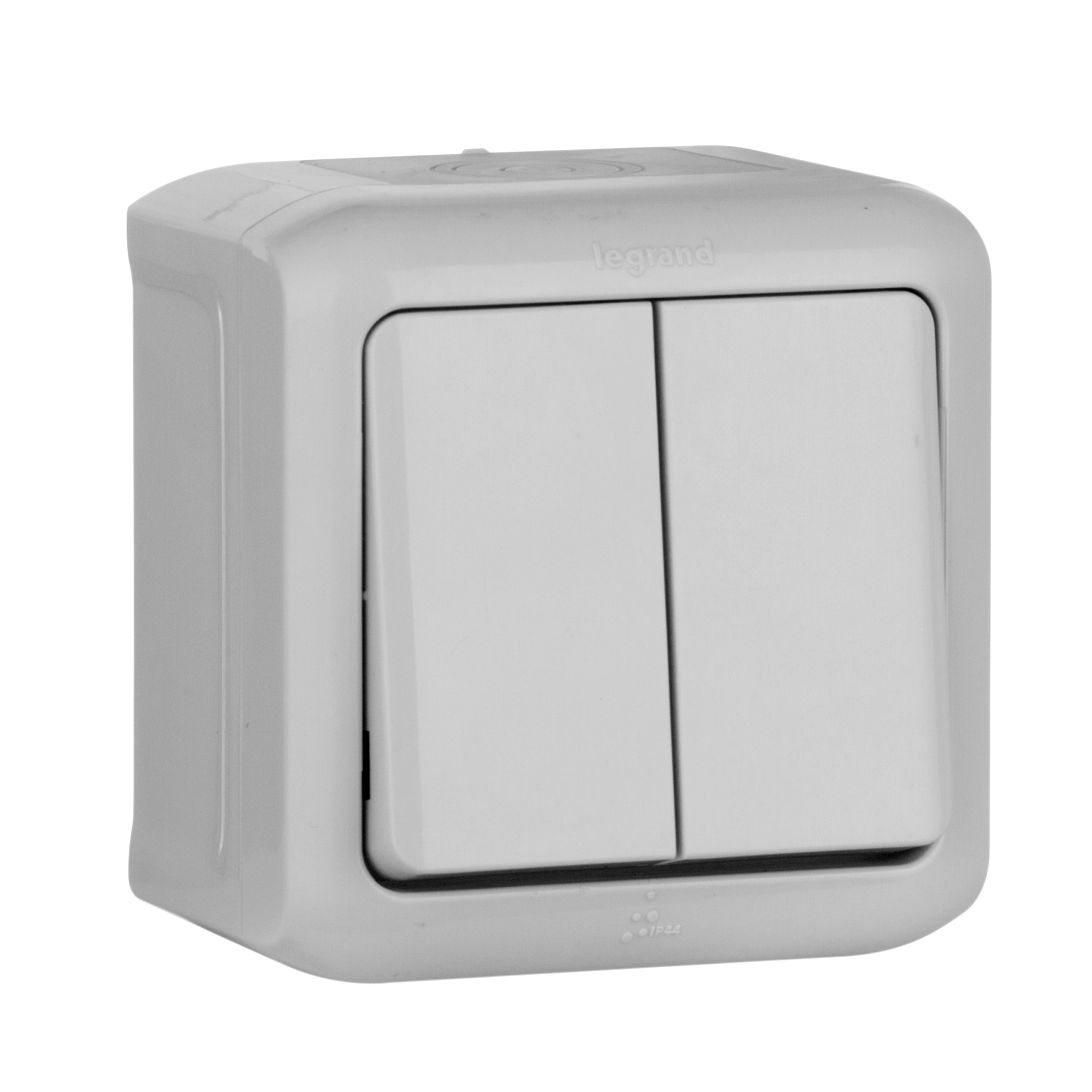 Изображение товара Legrand Quteo Сер Переключатель 2-клавишный IP44 10А. Изображение товара Legrand Quteo Сер Переключатель 2-клавишный IP44 10А.