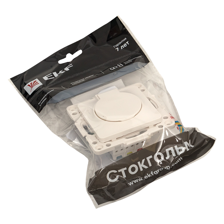 Изображение товара EKF PROxima Стокгольм Белый Розетка с/з, со шторками и крышкой, 16А, IP44.