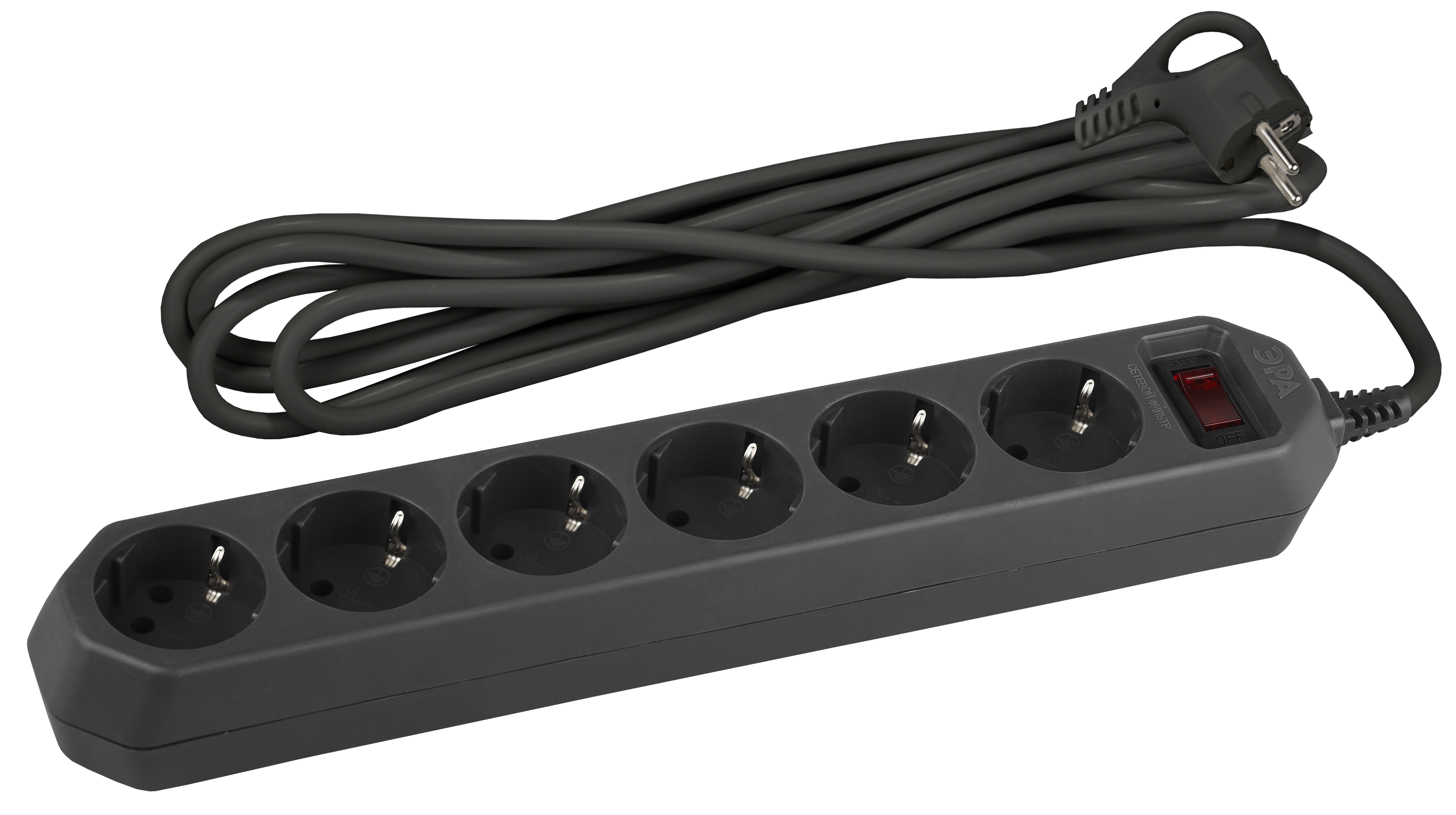 Изображение товара ЭРА Сетевой фильтр USF-6es-5m-B с базовой защитой с заземлением с выключателем 6 розеток 5м 10А черный