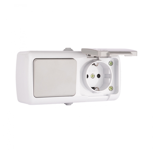 Изображение товара EKF PROxima Мурманск Блок  розетка 1-м 16А с заземлением с крышкой+ 1-кл выключатель IP54 серый.