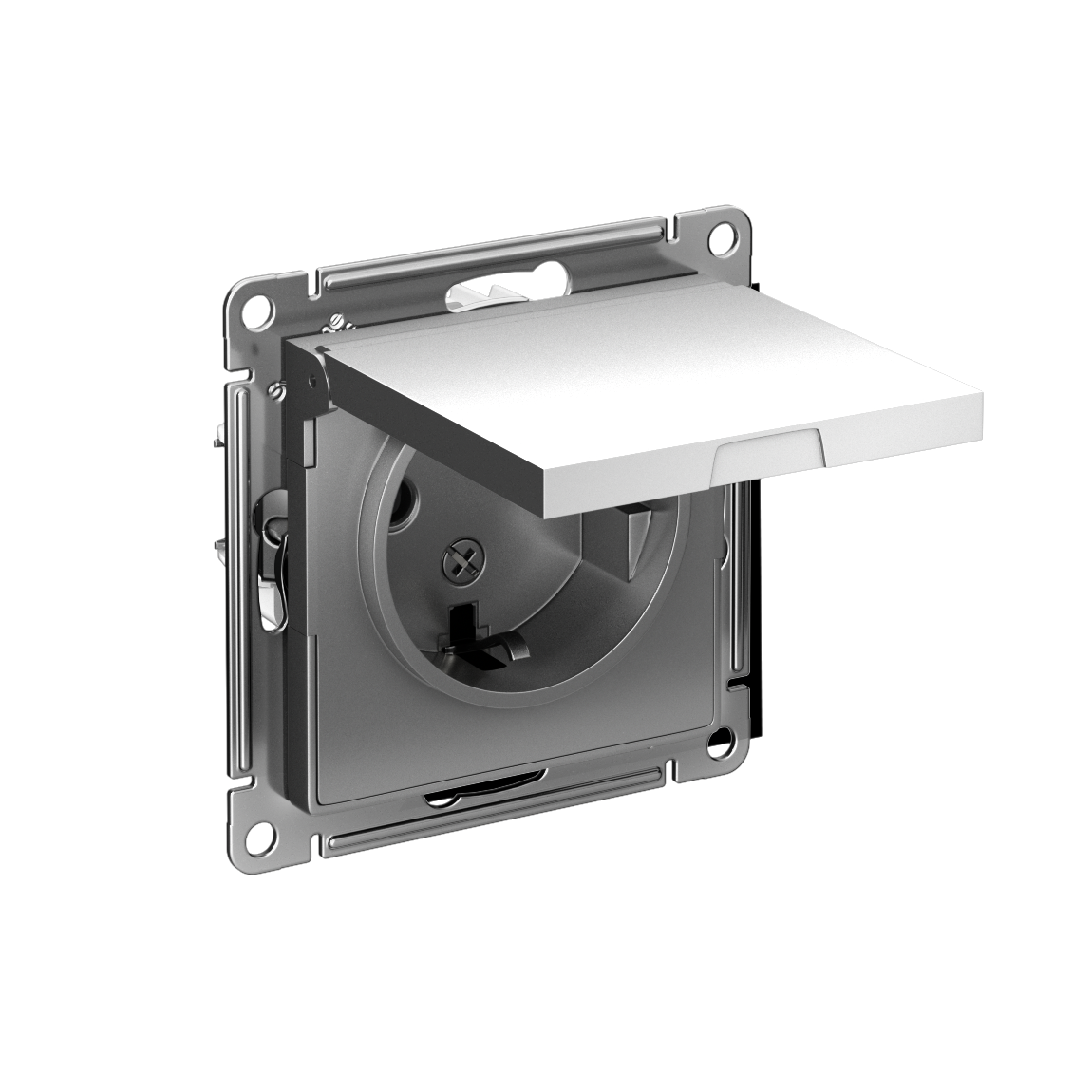Изображение товара Systeme Electric AtlasDesign Сталь Розетка с/з, со шторками, с крышкой, 16А, в сборе
