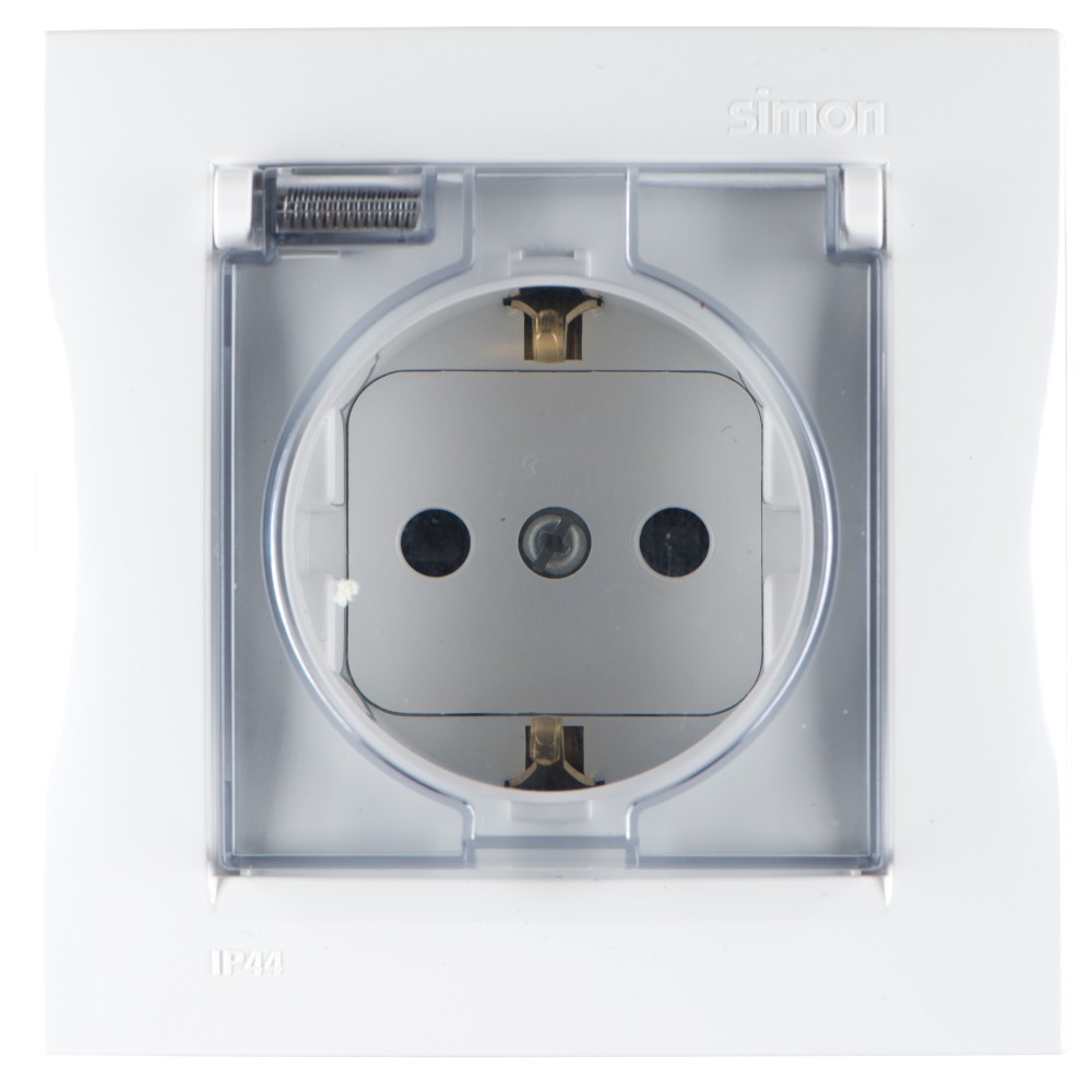 Изображение товара Simon 15 Белая Розетка 1-ая с/з с крышкой с защитными шторками, IP44 (в сборе с рамкой)