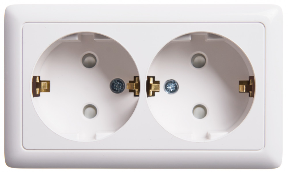 Изображение товара Розетка двухгнездовая с заземлением и шторками, белая