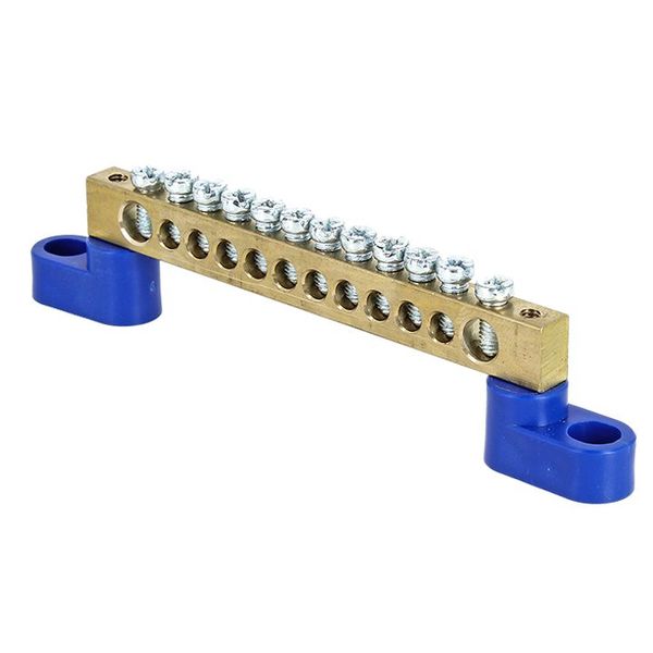 Изображение товара EKF PROxima Шина "0" N (6х9мм) 12 отверстий латунь 2 синих угловых изолятора розничный стикер.