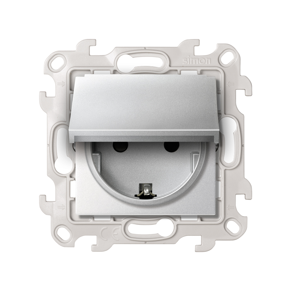 Изображение товара Simon 24 Алюминий Розетка IP44 с крышкой, заземлением и шторками Schuko 2Р+Е 16A 250В~