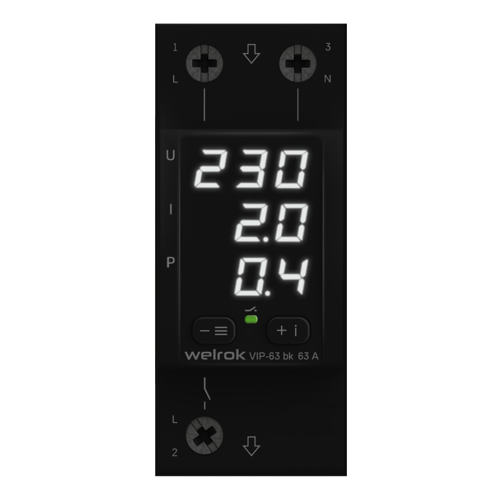 Изображение товара Welrok VIP 63 bk Реле напряжения многофункциональное 63 А (max 80 A) 13 900 ВА черный корпус Изображение товара Welrok VIP 63 bk Реле напряжения многофункциональное 63 А (max 80 A) 13 900 ВА черный корпус