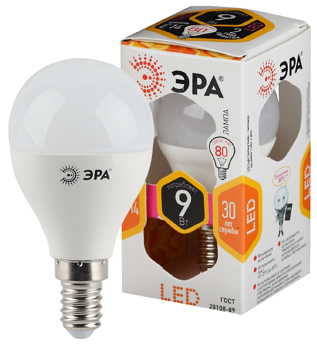 Изображение товара ЭРА Лампа светодиодная STD LED P45-9W-827-E14 9Вт шар теплый белый свет Е14