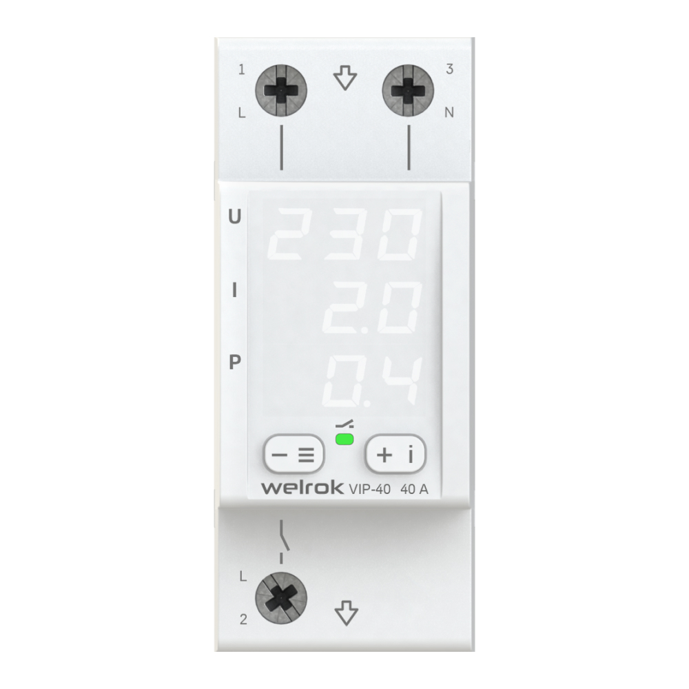 Изображение товара Welrok VIP-40 Реле напряжения с контролем тока 40 А (max 50 A), 8 800 ВА