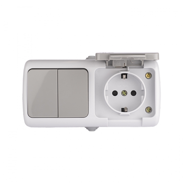 Изображение товара EKF PROxima Мурманск Блок  розетка 1-м 16А с заземлением с крышкой + 2-кл выключатель IP54 серый.