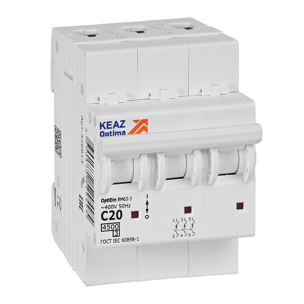 Изображение товара КЭАЗ OptiDin BM63 Автоматический выключатель 3P 20А C 4,5кА AC (BM63-3C20-4,5-УХЛ3).