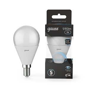 Изображение товара Gauss Лампа Шар 7W 590lm 4100K Е14 диммируемая