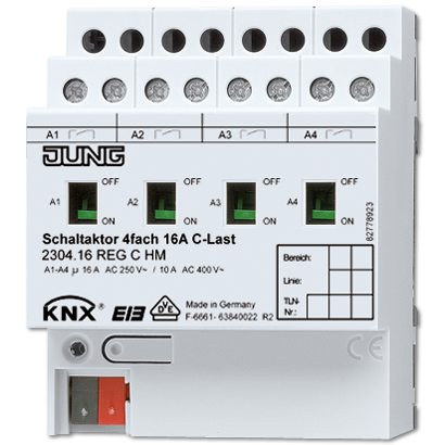 Изображение товара JUNG KNX Актор 4-х канальный 220V AC 12-24V DC 16 A возм ручн упр DIN-рейка