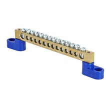 Изображение товара EKF PROxima Шина "0" N (6х9мм) 14 отверстий латунь 2 синих угловых изолятора розничный стикер.