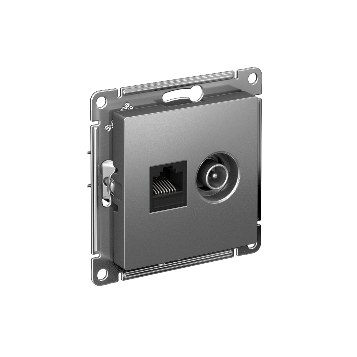 Изображение товара Systeme Electric AtlasDesign Сталь Розетка двойная комп+ТВ, RJ45+TV, кат.5E, механизм