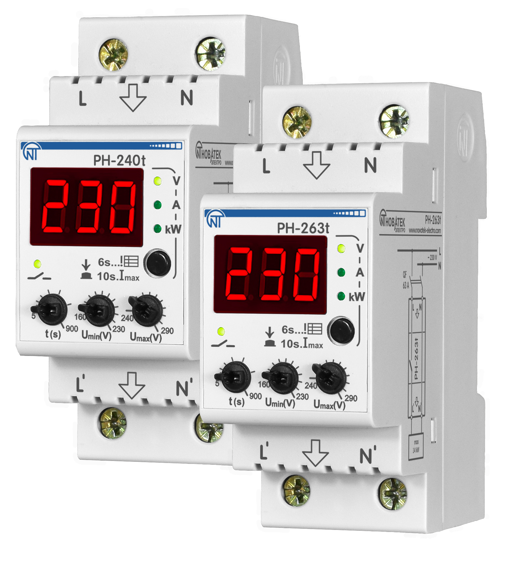 Изображение товара Новатек-Электро Реле напряжения РН-240Т 40А с термозащитой, ограничение тока, (2 DIN)