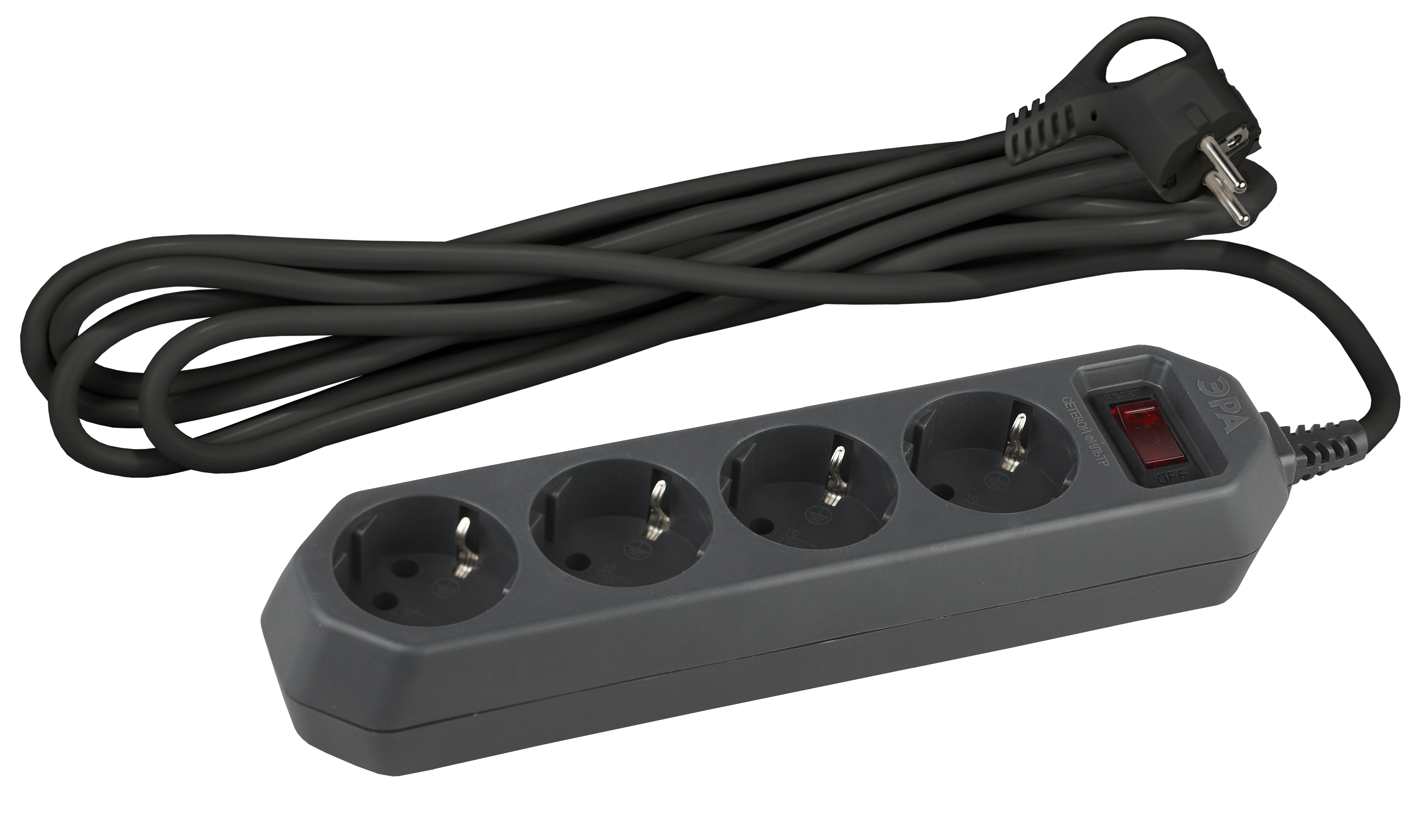Изображение товара ЭРА Сетевой фильтр  USF-M-4es-1,5m-B с защитой (термо) с заземлением с выключателем 4 розетки 1,5м 10А черный