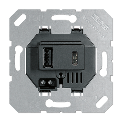 Изображение товара JUNG USB-зарядное устройство, USB тип А + USB тип С, выходной ток 3000 mA черный универсальные встраиваемые механизмы