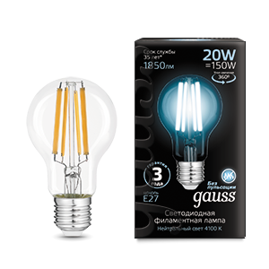 Изображение товара Gauss Лампа Filament А60 20W 1850lm 4100К Е27 LED