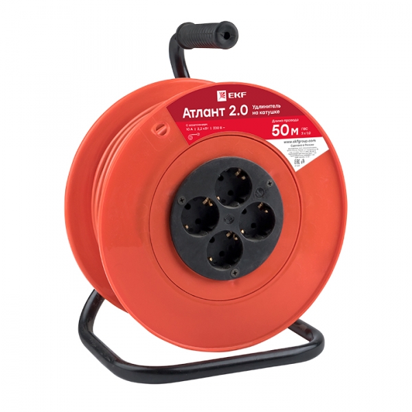 Изображение товара EKF PROxima Удлинитель на катушке "Атлант 2.0" 4 гнезда 50м с заземлением ПВС 3*1,0 10А/2,2кВт.