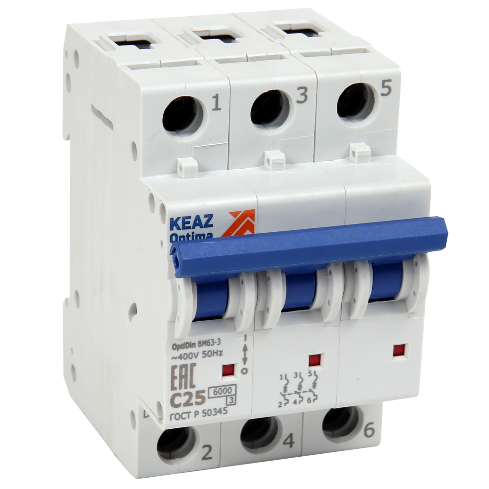Изображение товара КЭАЗ OptiDin BM63 Автоматический выключатель 3P 16A C 6кА AC (BM63-3C16-УХЛ3).