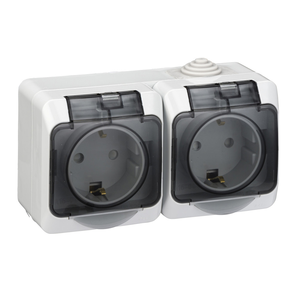 Изображение товара Systeme Electric Этюд наруж Серая Розетка 2-я с/з со шторками c крышкой IP44