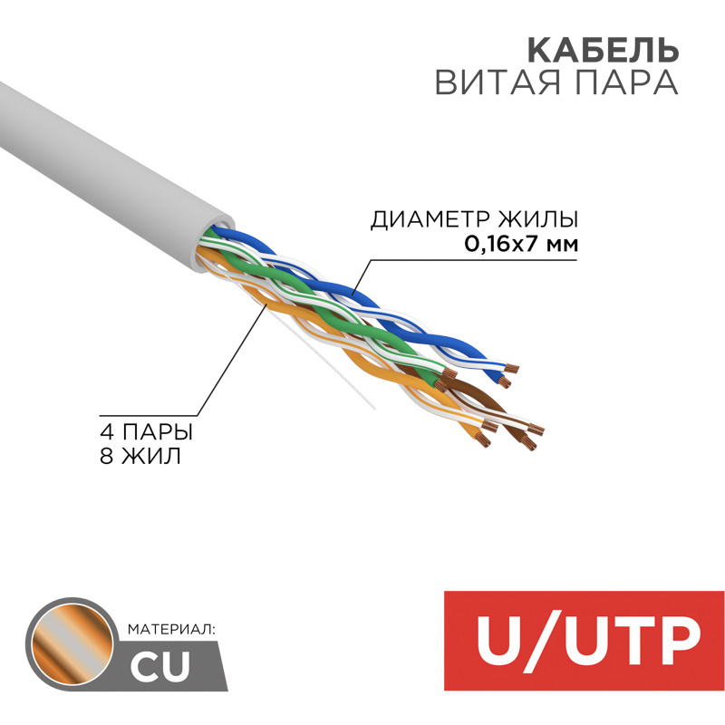 Изображение товара Кабель витая пара UTP 4PR 24AWG CAT5e,305м STRANDED Rexant.