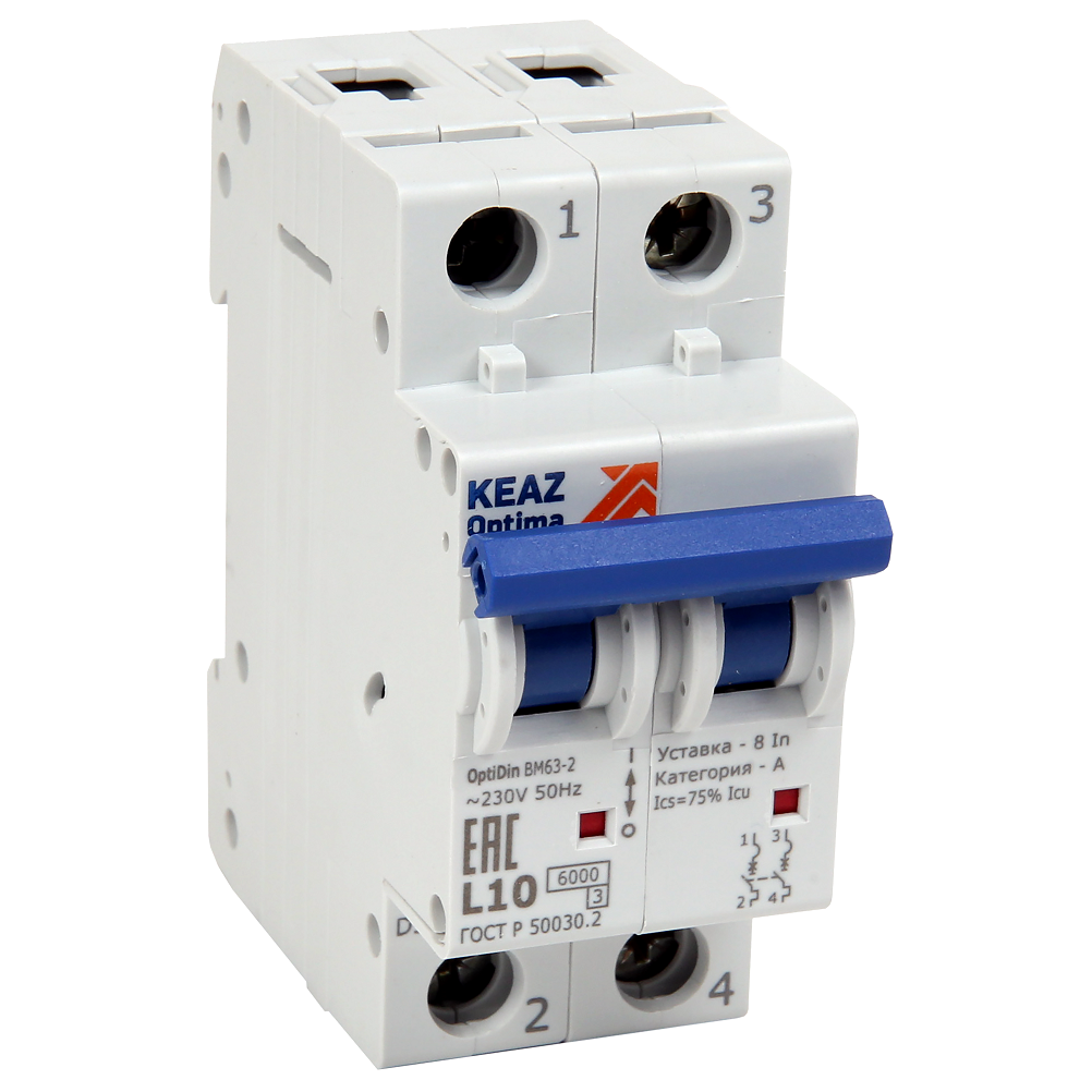 Изображение товара КЭАЗ OptiDin BM63 Автоматический выключатель 2P 10A K 6кА AC (BM63-2K10-УХЛ3).
