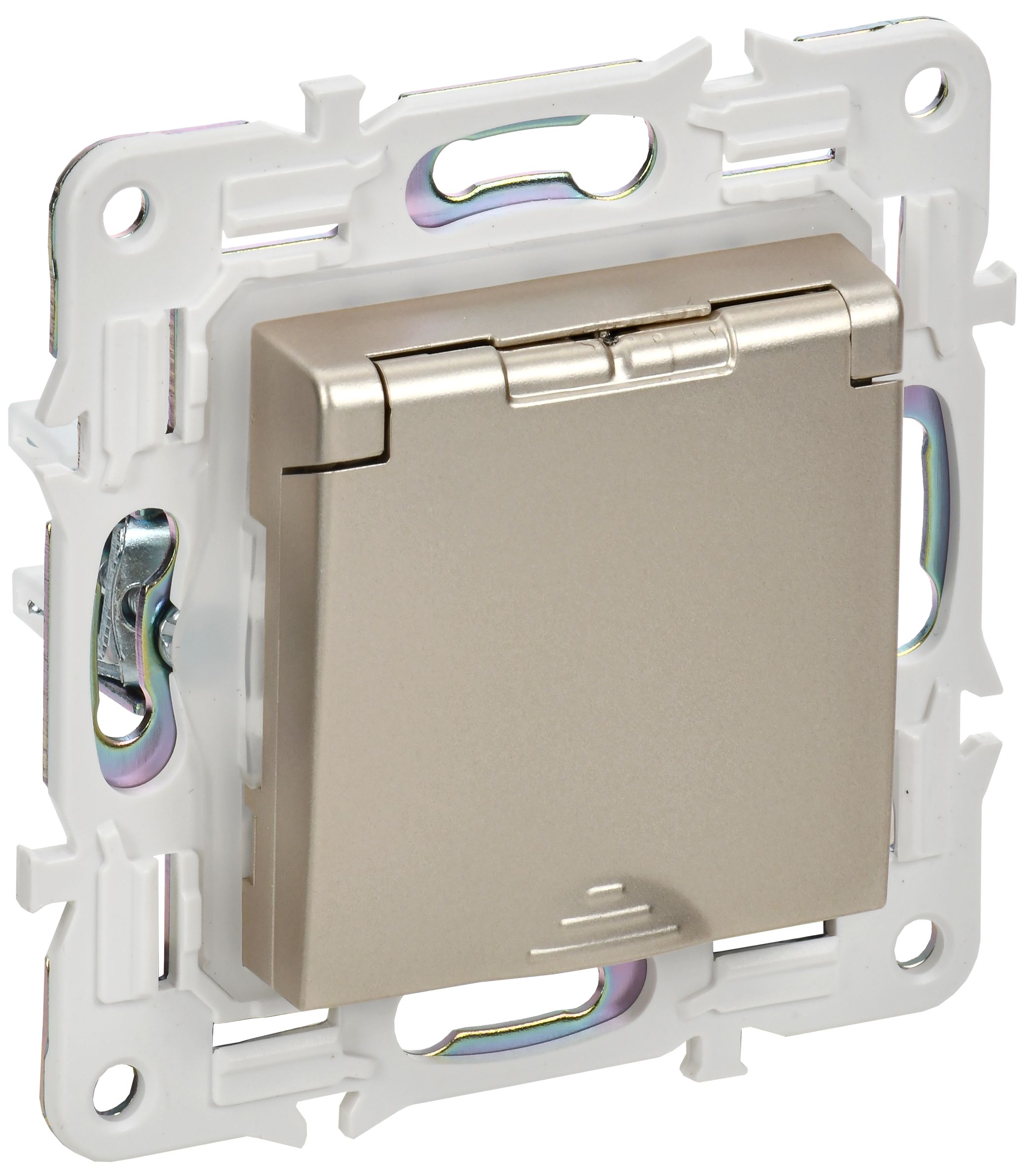 Изображение товара IEK SKANDY Шампань Розетка с/з с защитными шторками и крышкой 16А IP44 SK-R11Sh