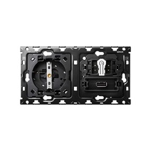 Изображение товара Simon 100 Кит 2 поста механизм 1 розетка Schuko + 1 з/у USB SC 2.1A + 1 перекрестный выключатель + суппорт