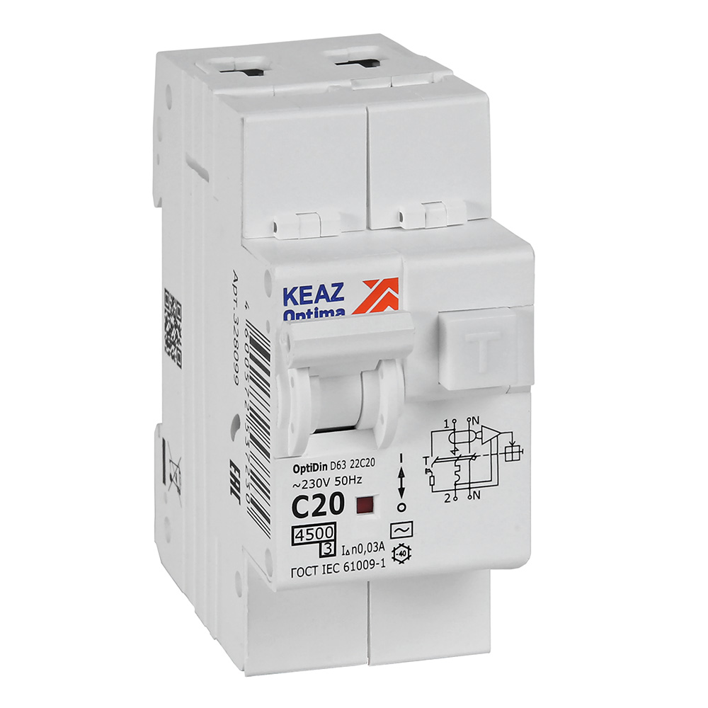 Изображение товара OptiDin D63-22C20-AC-У3 — дифавтомат, 20 А, 230 В, C, 2P