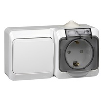 Изображение товара Systeme Electric Этюд наруж Бел Блок: Розетка с/з со шторками + переключатель 1-клавишный IP44