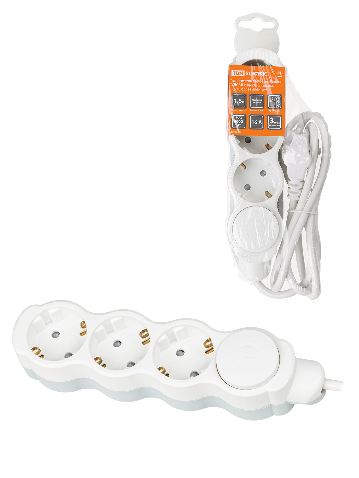 Изображение товара TDM Удлинитель бытовой "Люкс" УЛ03В выкл, 3 гнезда, 1,5м, с/з, с з/ш, ПВС 3х1мм2 16А/250В бело-серый
