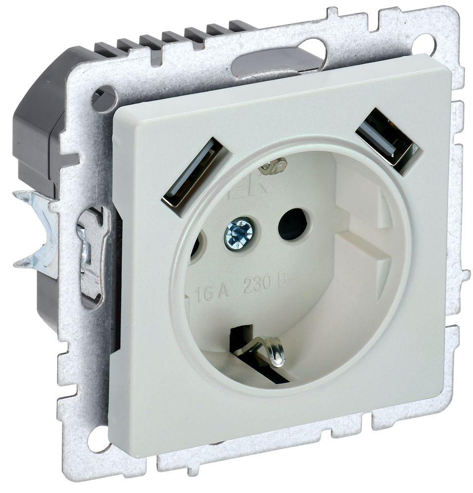 Изображение товара IEK BRITE BASE Жемчуг Розетка с з/к/ш 16А с USB A+A 3,1А РЮш10-2-БрЖ