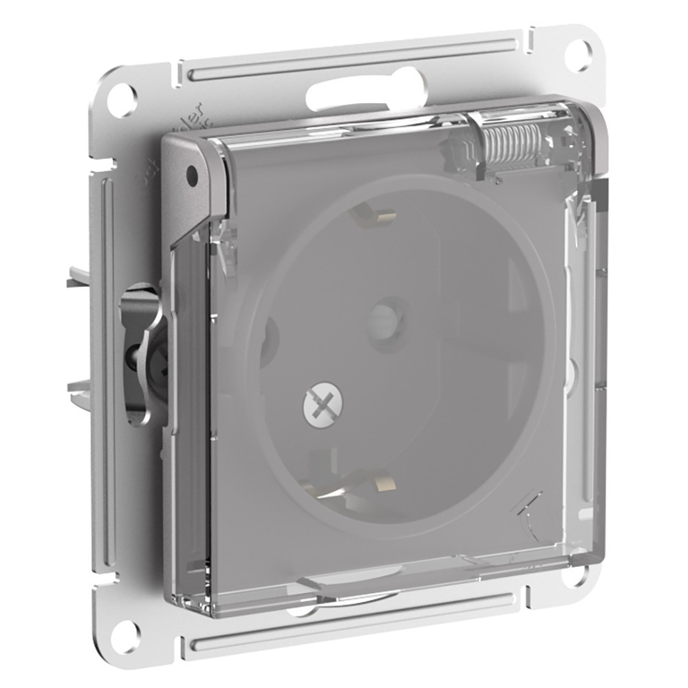Изображение товара Systeme Electric AtlasDesign Aqua Алюминий Розетка с/з со шторками с прозрач. крышк, 16А,IP44, мех