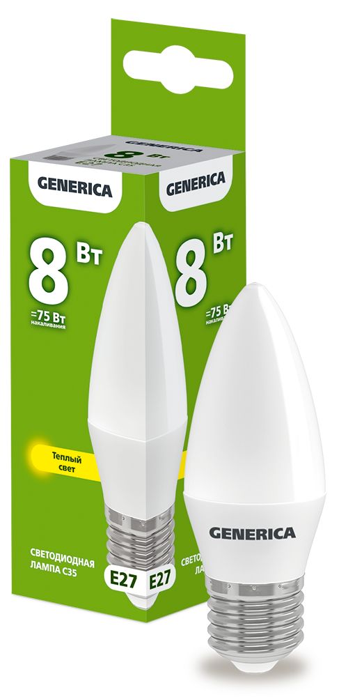 Изображение товара IEK GENERICA Лампа LED C35 свеча 8Вт 230В 3000К E27