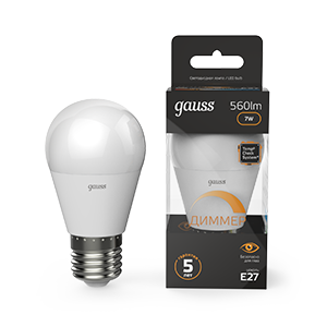 Изображение товара Gauss Лампа Шар 7W 560lm 3000K E27 диммируемая