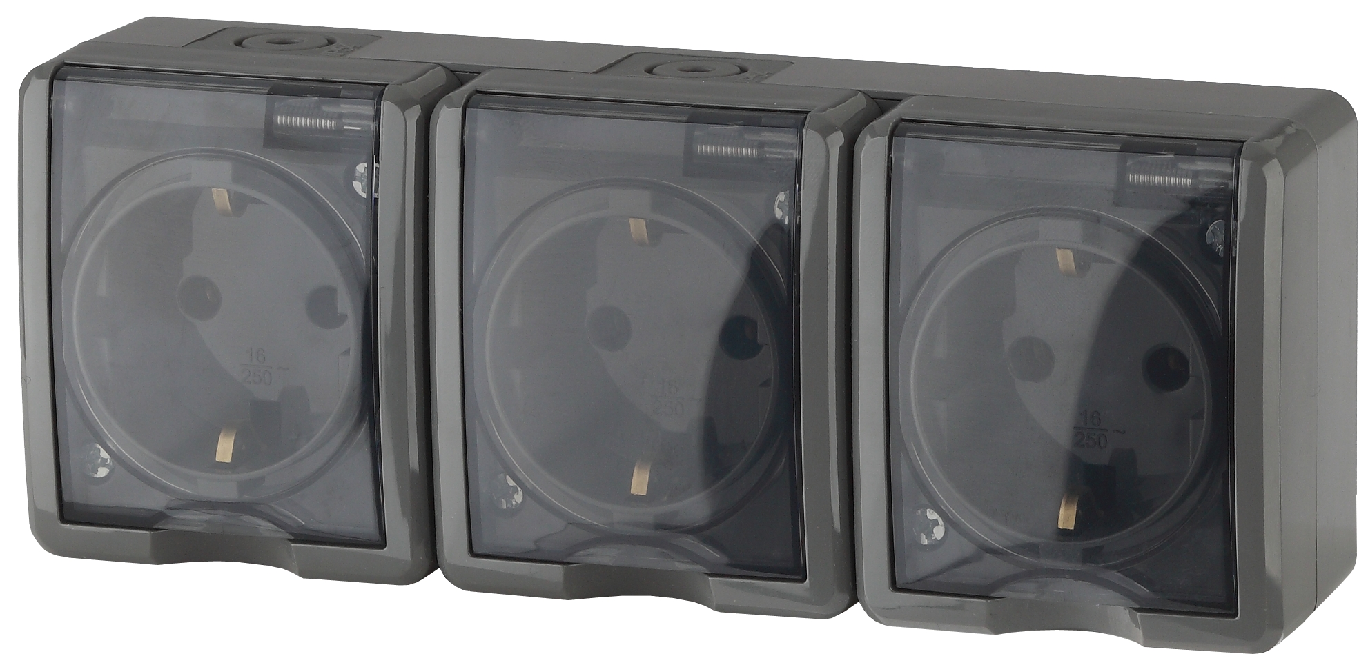 Изображение товара ЭРА Розетка Эксперт 11-2405-03 тройная с заземлением крышкой 3х2P+E IP54 16A-250В ОУ серый