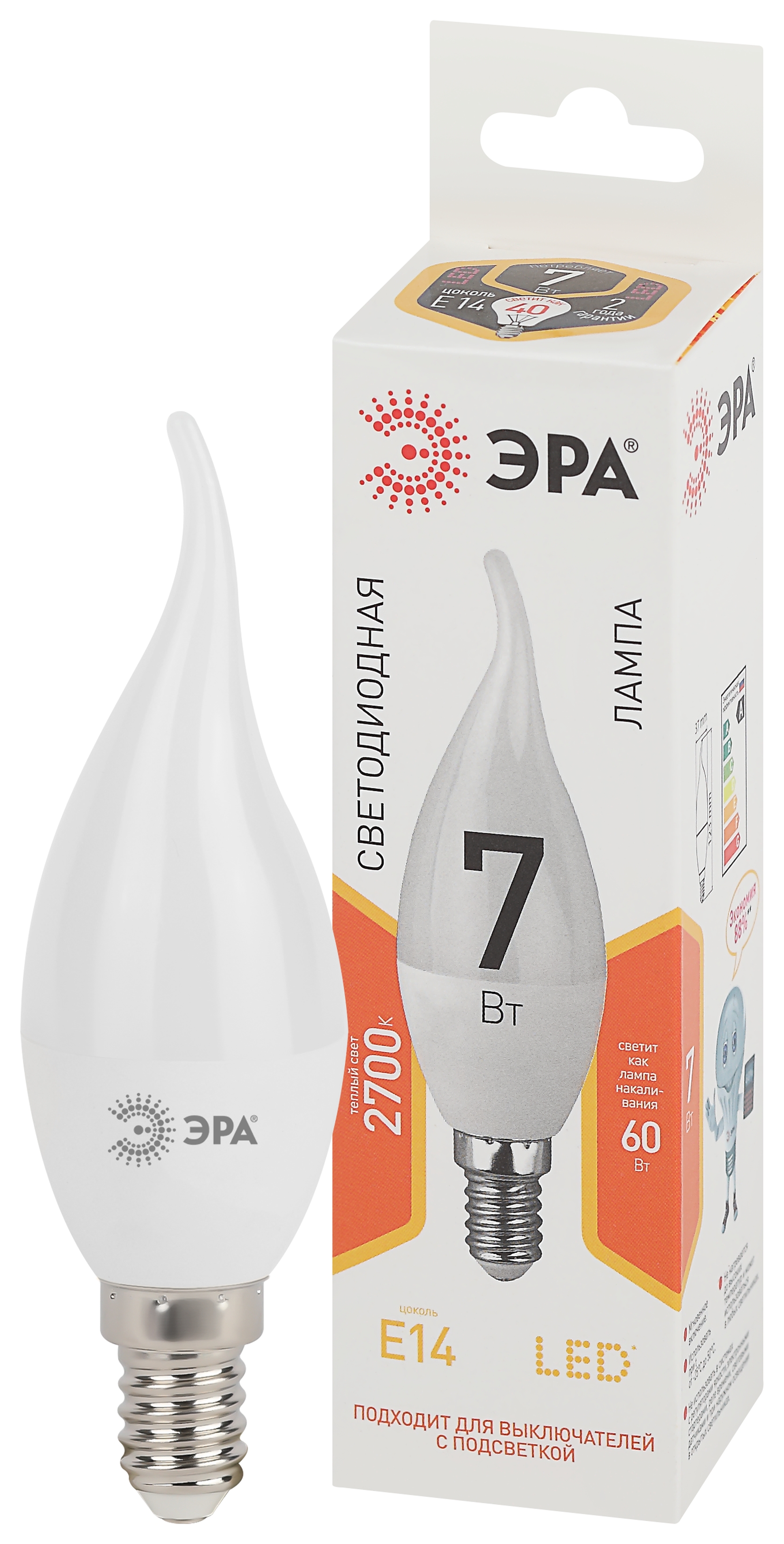 Изображение товара ЭРА STD LED BXS-7W-827-E14 — 7 Вт светодиодная свеча, 2700 K