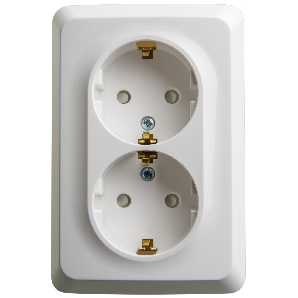 Изображение товара Systeme Electric Этюд наруж Бел Розетка 2-ая угловая с/з со шторками 16А 250B