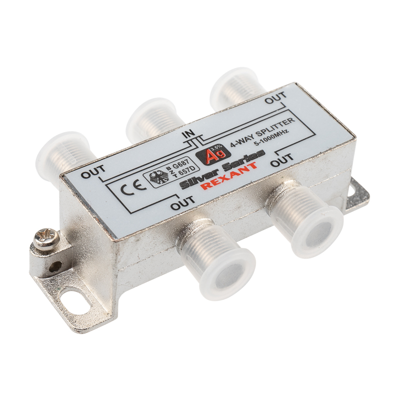 Изображение товара REXANT Делитель ТВ х 4 + 5шт. F "BOX" 5-1000 МГц "Silver".