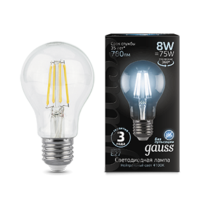 Изображение товара Gauss Лампа Filament А60 8W 780lm 4100К Е27 LED