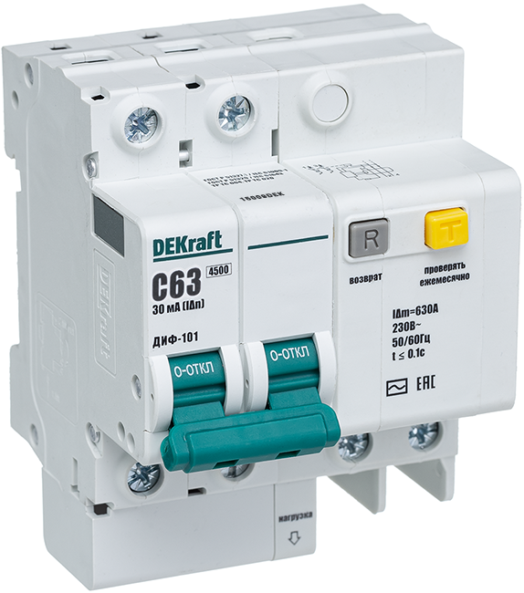 Изображение товара Dekraft Автоматические выключатели дифференциального тока 2Р 63А 30мА тип AC х-ка С ДИФ-101 4,5кА