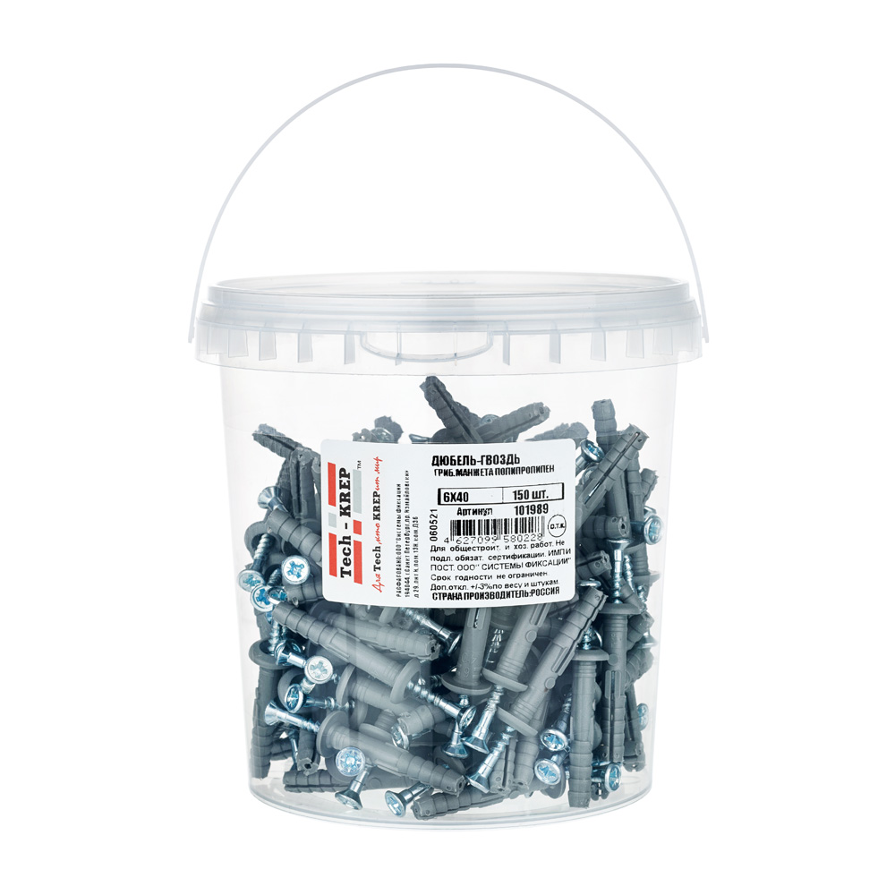 Изображение товара Дюбель-гвоздь 6x40 гриб. манжета (полипропилен), 150 шт/ведро