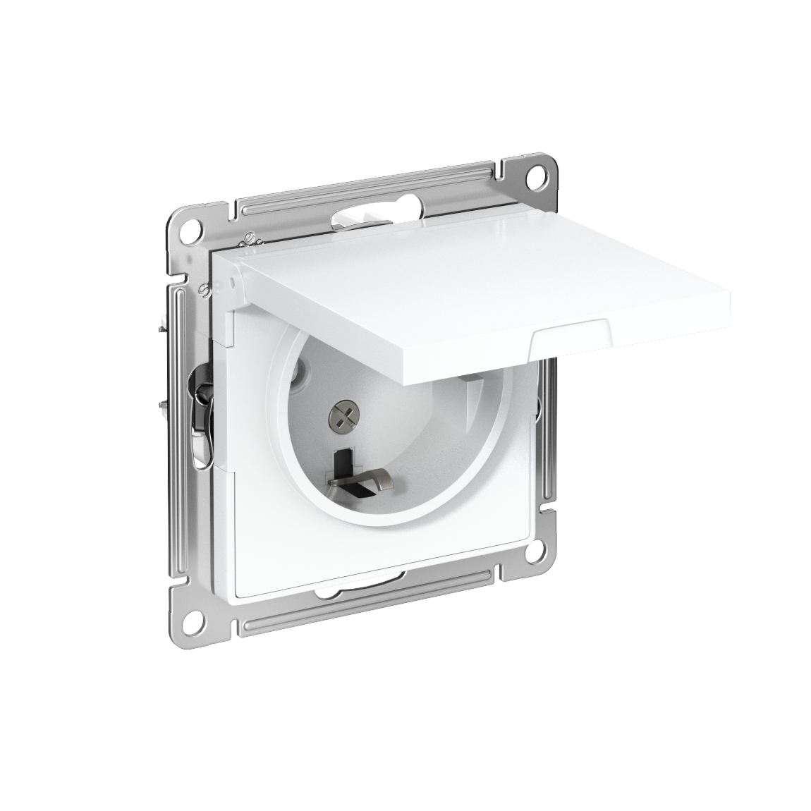 Изображение товара Systeme Electric AtlasDesign белая розетка одинарная с заземлением шторками крышкой
